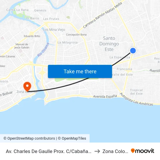 Av. Charles De Gaulle Prox. C/Cabañas Caribe to Zona Colonial map