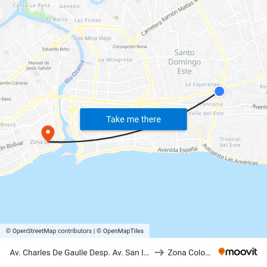 Av. Charles De Gaulle Desp. Av. San Isidro to Zona Colonial map