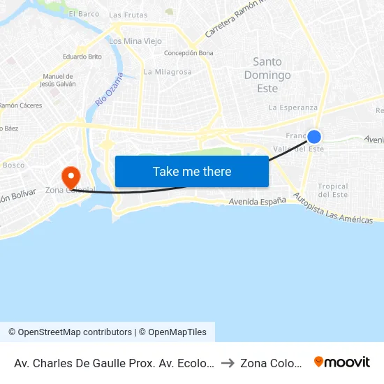 Av. Charles De Gaulle Prox. Av. Ecologica to Zona Colonial map