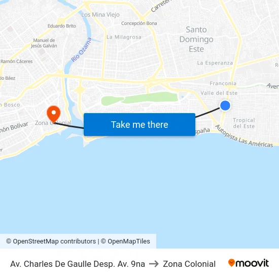 Av. Charles De Gaulle Desp. Av. 9na to Zona Colonial map