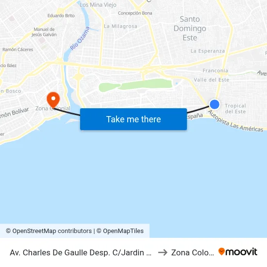 Av. Charles De Gaulle Desp. C/Jardin Del Eden to Zona Colonial map