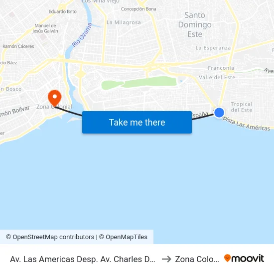 Av. Las Americas Desp. Av. Charles De Gaulle to Zona Colonial map