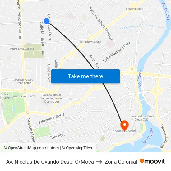 Av. Nicolás De Ovando Desp. C/Moca to Zona Colonial map