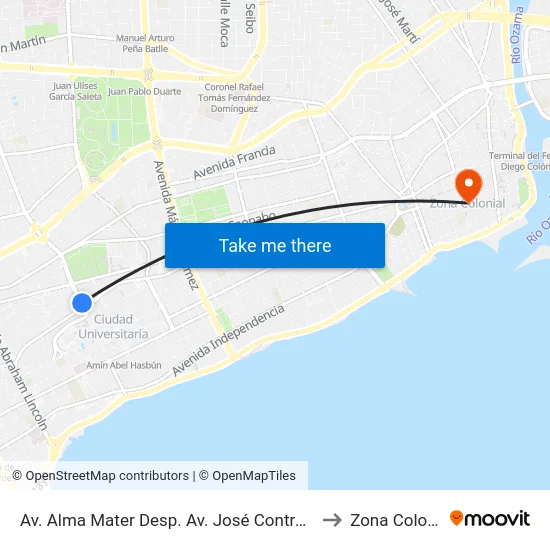 Av. Alma Mater Desp. Av. José Contreras, 63 to Zona Colonial map