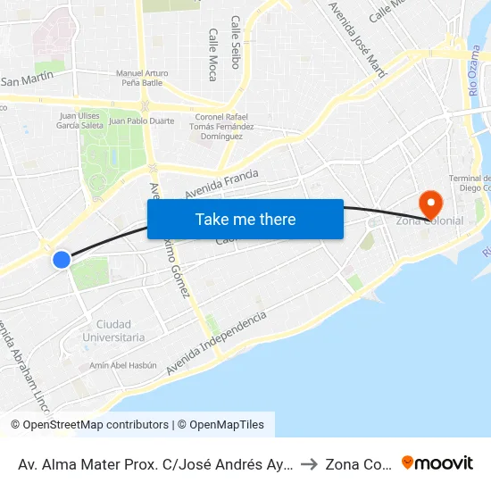 Av. Alma Mater Prox. C/José Andrés Aybar Castellanos to Zona Colonial map