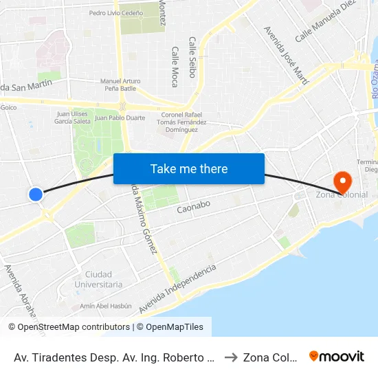 Av. Tiradentes Desp. Av. Ing. Roberto Pastoriza to Zona Colonial map