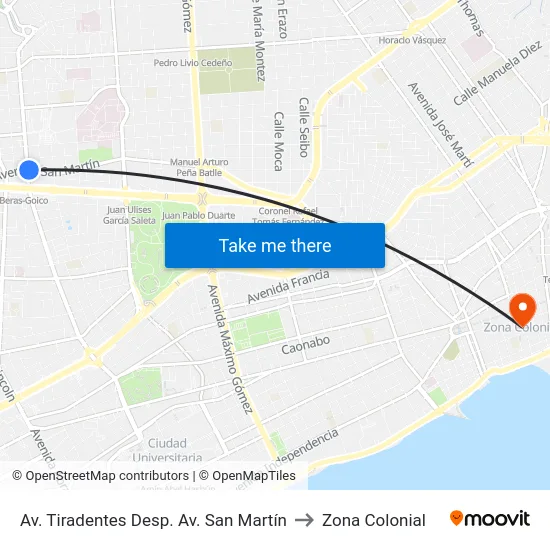 Av. Tiradentes Desp. Av. San Martín to Zona Colonial map