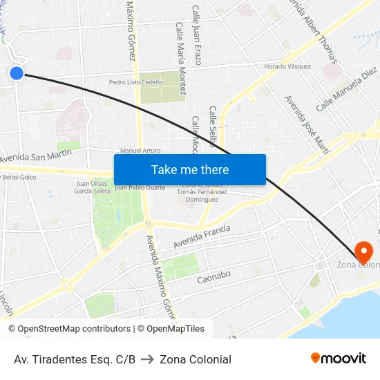 Av. Tiradentes Esq. C/B to Zona Colonial map