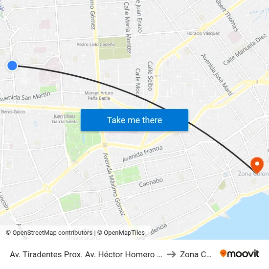 Av. Tiradentes Prox. Av. Héctor Homero Hernández Vargas to Zona Colonial map