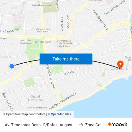 Av. Tiradentes Desp. C/Rafael Augusto Sanchez to Zona Colonial map