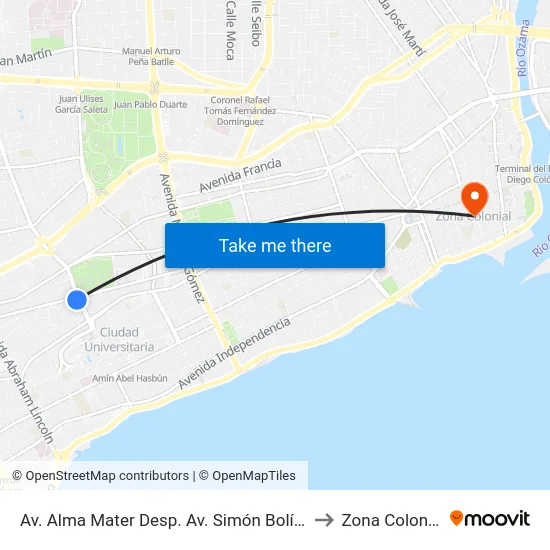 Av. Alma Mater Desp. Av. Simón Bolívar to Zona Colonial map