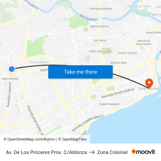 Av. De Los Próceres Prox. C/Aldonza to Zona Colonial map