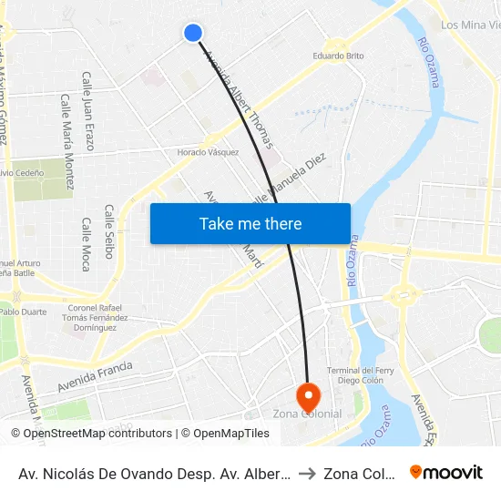 Av. Nicolás De Ovando Desp. Av. Albert Thomas to Zona Colonial map