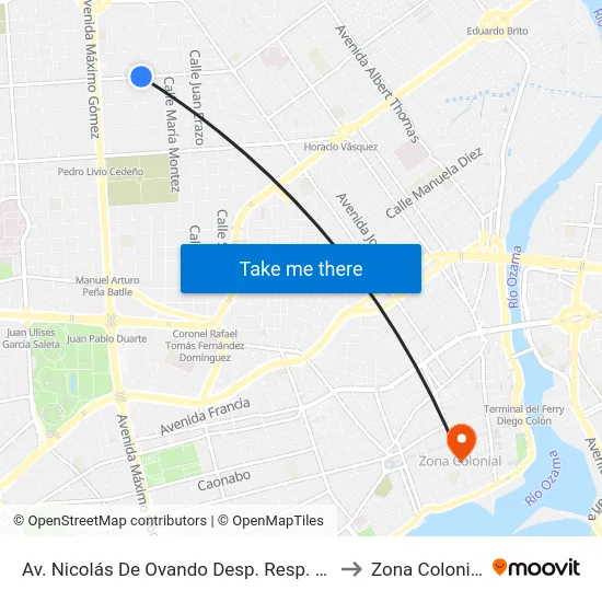 Av. Nicolás De Ovando Desp. Resp. 21 to Zona Colonial map