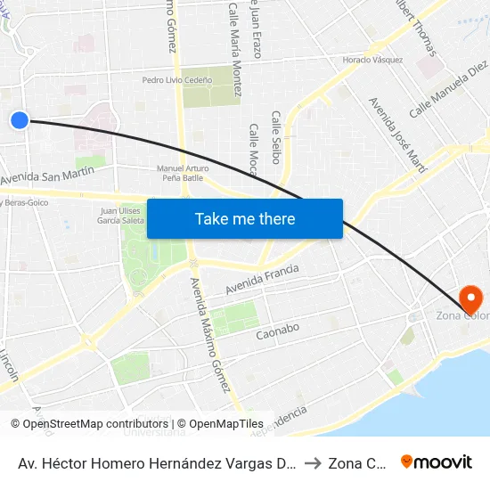 Av. Héctor Homero Hernández Vargas Desp. Av. Tiradentes to Zona Colonial map