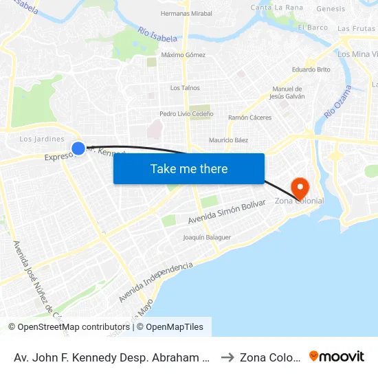 Av. John F. Kennedy Desp. Abraham Lincoln to Zona Colonial map