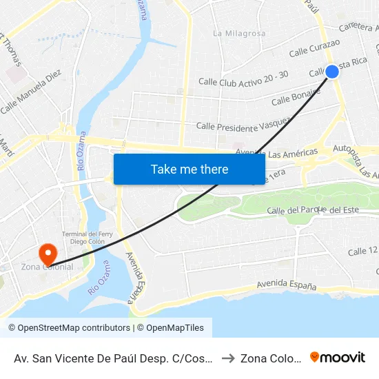 Av. San Vicente De Paúl Desp. C/Costa Rica to Zona Colonial map
