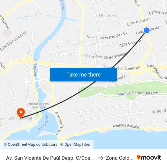 Av. San Vicente De Paúl Desp. C/Costa Rica to Zona Colonial map