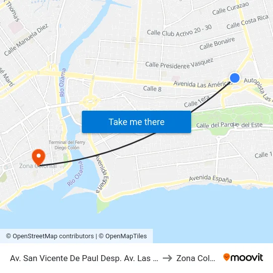 Av. San Vicente De Paul Desp. Av. Las Americas to Zona Colonial map