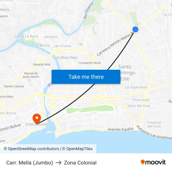 Carr. Mella (Jumbo) to Zona Colonial map