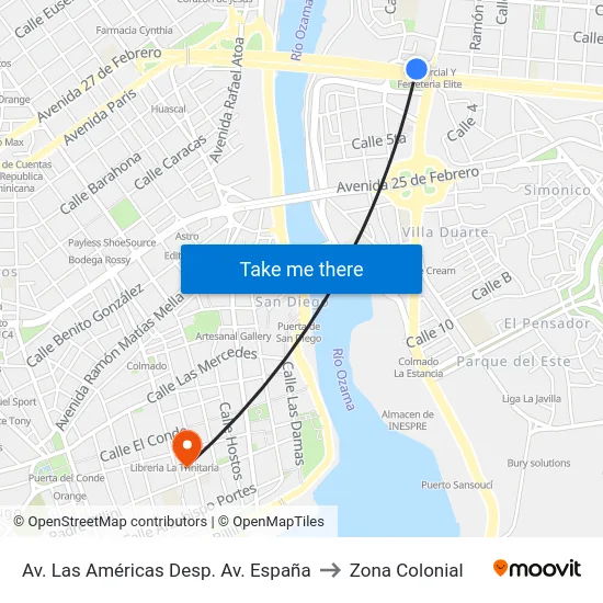 Av. Las Américas Desp. Av. España to Zona Colonial map