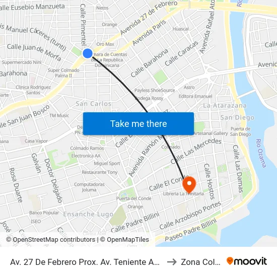 Av. 27 De Febrero Prox. Av. Teniente Amado Garcia to Zona Colonial map