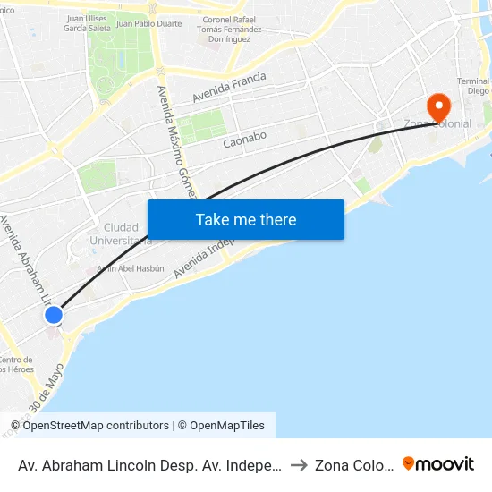 Av. Abraham Lincoln Desp. Av. Independencia to Zona Colonial map