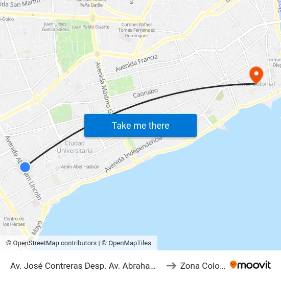 Av. José Contreras Desp. Av. Abraham Lincoln to Zona Colonial map