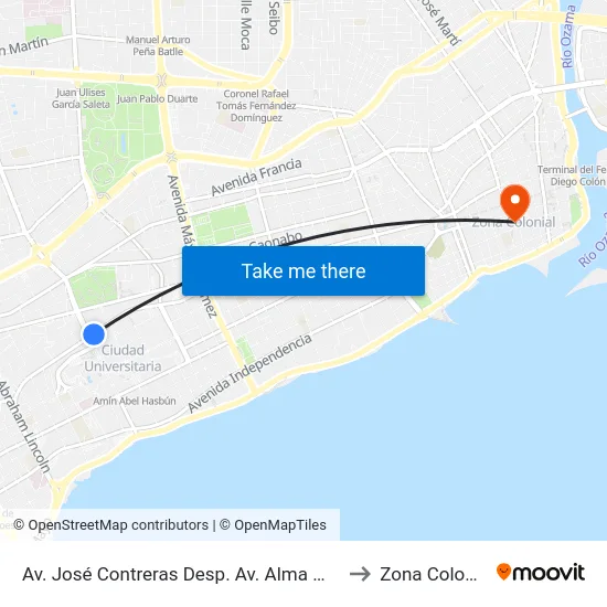 Av. José Contreras Desp. Av. Alma Mater to Zona Colonial map