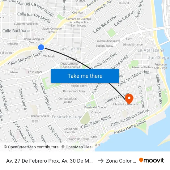 Av. 27 De Febrero Prox. Av. 30 De Marzo to Zona Colonial map