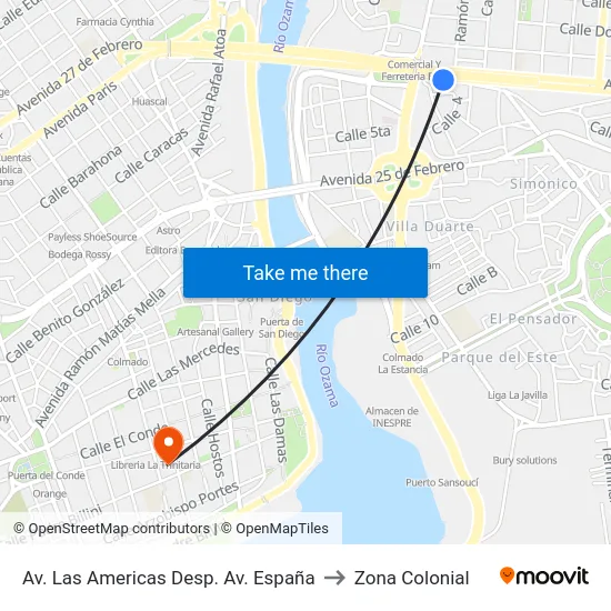 Av. Las Americas Desp. Av. España to Zona Colonial map