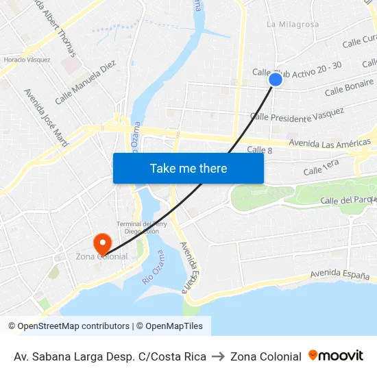 Av. Sabana Larga Desp. C/Costa Rica to Zona Colonial map