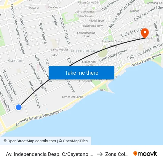 Av. Independencia Desp. C/Cayetano Rodriguez to Zona Colonial map