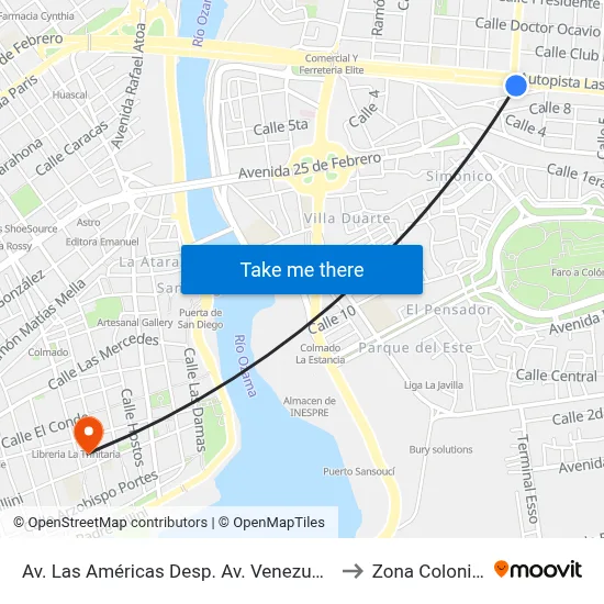 Av. Las Américas Desp. Av. Venezuela to Zona Colonial map