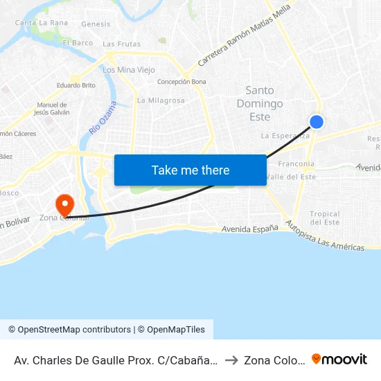 Av. Charles De Gaulle Prox. C/Cabañas Caribe to Zona Colonial map