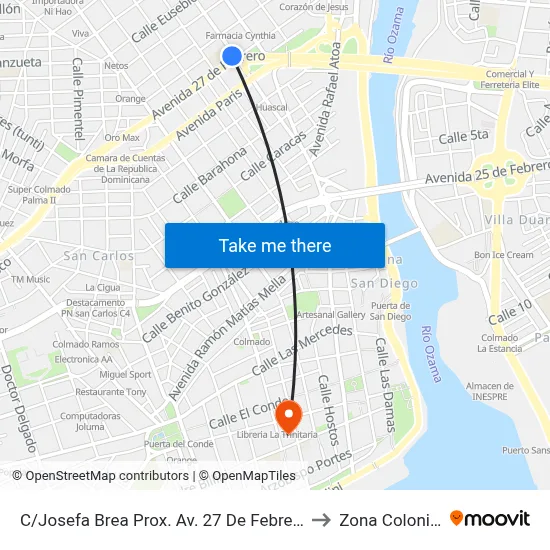 C/Josefa Brea Prox. Av. 27 De Febrero to Zona Colonial map