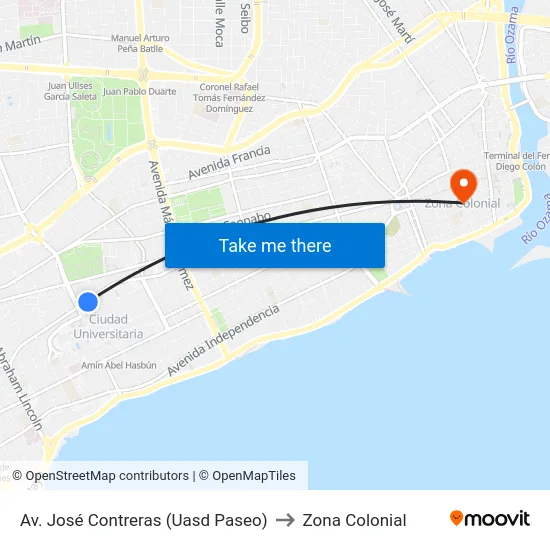 Av. José Contreras (Uasd Paseo) to Zona Colonial map
