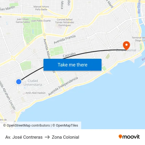 Av. José Contreras to Zona Colonial map