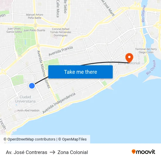 Av. José Contreras to Zona Colonial map