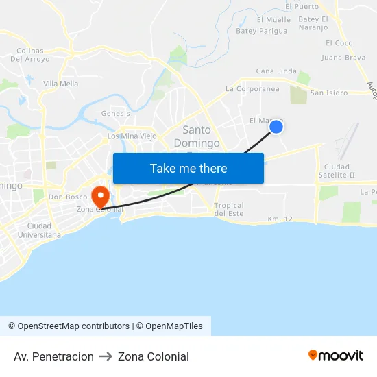 Av. Penetracion to Zona Colonial map