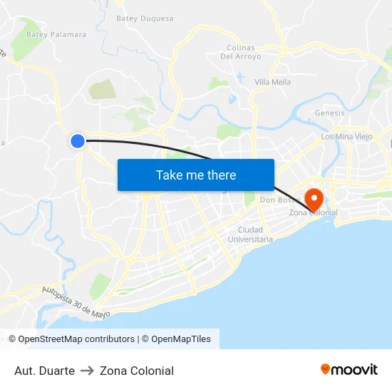 Aut. Duarte to Zona Colonial map