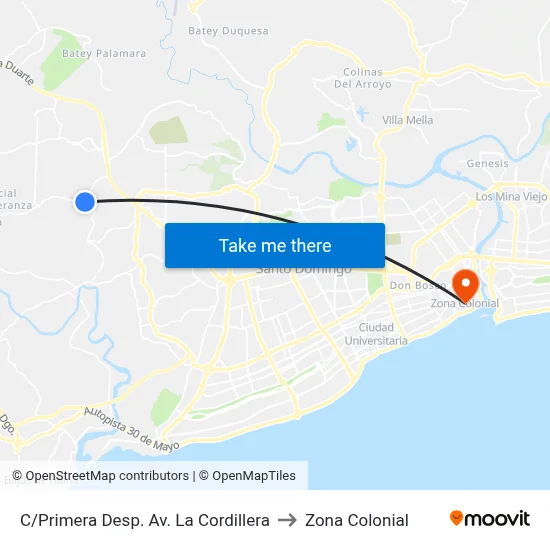 C/Primera Desp. Av. La Cordillera to Zona Colonial map