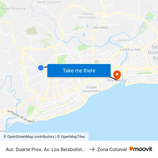 Aut. Duarte Prox. Av. Los Beisbolistas to Zona Colonial map