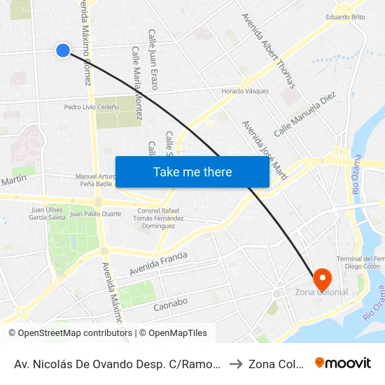 Av. Nicolás De Ovando Desp. C/Ramon Caceres to Zona Colonial map
