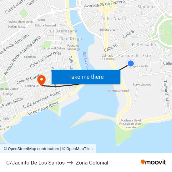 C/Jacinto De Los Santos to Zona Colonial map