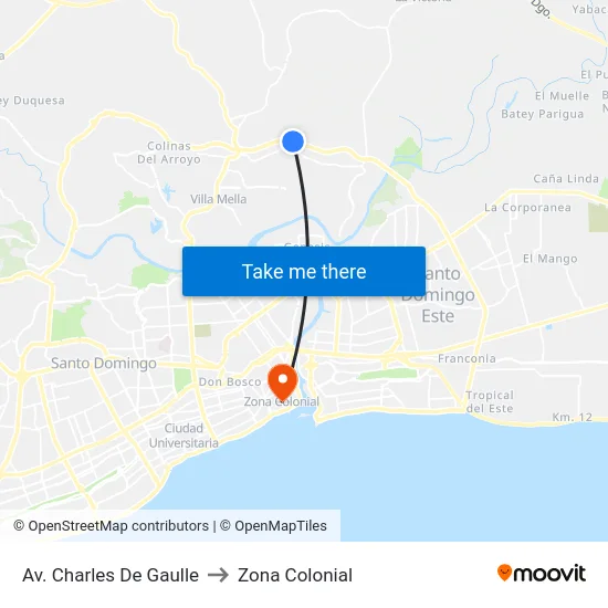 Av. Charles De Gaulle to Zona Colonial map