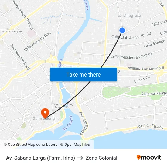 Av.  Sabana Larga (Farm. Irina) to Zona Colonial map