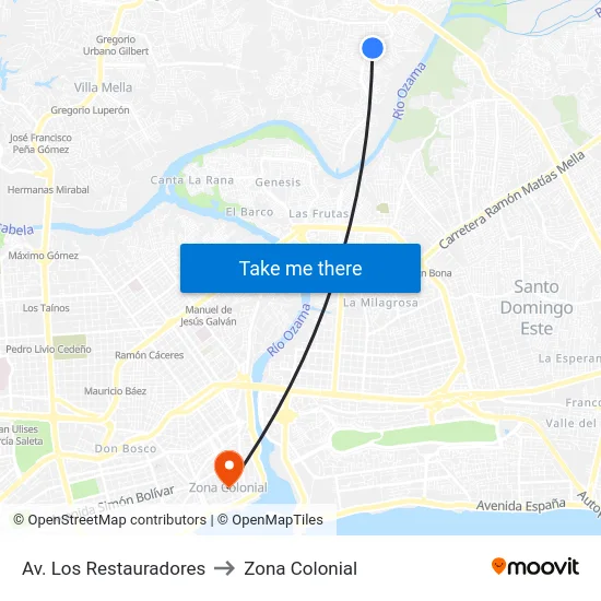 Av. Los Restauradores to Zona Colonial map