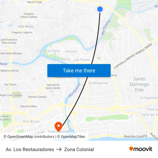 Av. Los Restauradores to Zona Colonial map