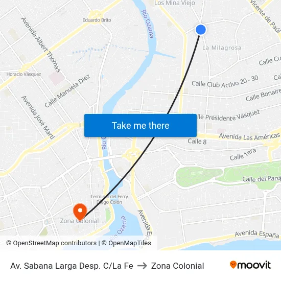 Av. Sabana Larga Desp. C/La Fe to Zona Colonial map